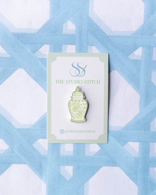 Green and White Ginger Jar Needle Minder